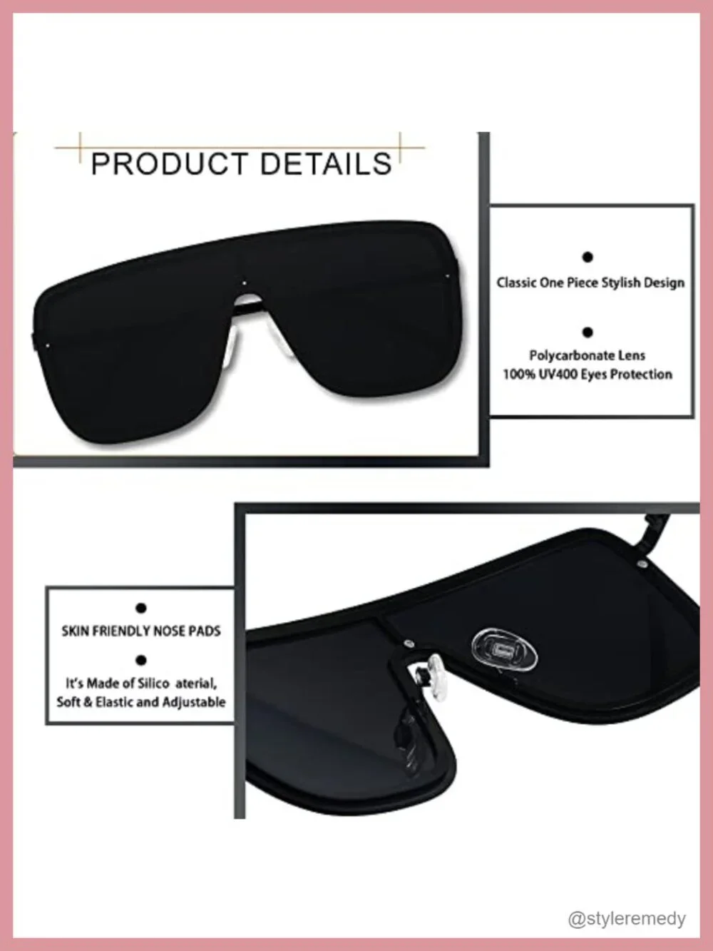 Rimless Oversized Square Sunglasses UV400 Polycarbonate Metal Shield Frame